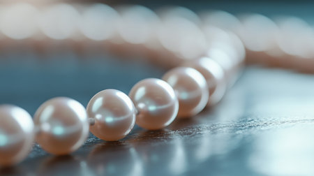 Detailed macro shot of a pearl necklace, highlighting the smooth, lustrous surface of each pearl, symbolizing elegance and timeless beauty.の素材