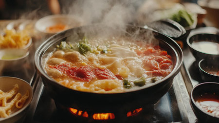 Detailed shot of a hot pot with various dipping sauces on the side, capturing the steam and sizzling ingredients as they cook in the pot.の素材