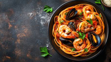 Delicious seafood pasta from above, with shrimp, clams, and mussels mixed in a rich tomato sauce, garnished with parsley and Parmesan cheese.の素材