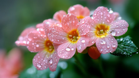 Detailed shot of a cluster of flowers with water droplets on their petals, capturing the fresh and natural look with a blurred background for emphasis.の素材