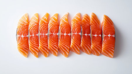Close-up view of a sliced salmon fillet with clear, pink flesh and fine texture, arranged neatly on a white background for a clean look.の素材