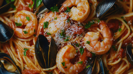 Delicious seafood pasta from above, with shrimp, clams, and mussels mixed in a rich tomato sauce, garnished with parsley and Parmesan cheese.の素材