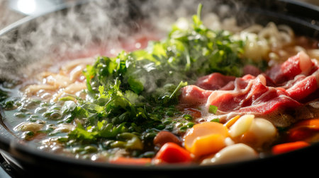 Detailed shot of a hot pot filled with vibrant vegetables, tender slices of meat, and aromatic herbs, captured with steam rising from the simmering broth.の素材