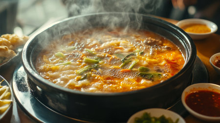 Detailed shot of a hot pot with various dipping sauces on the side, capturing the steam and sizzling ingredients as they cook in the pot.の素材