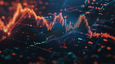 Detailed shot of a financial graph with fluctuating stock prices, highlighting various data points and trend lines in a professional setting.の素材