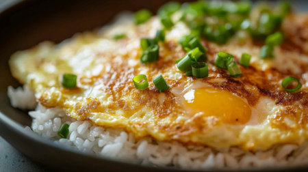 Detailed shot of a hot, perfectly fried omelette placed over rice, the egg soft and crispy layers captured up close, with green onions sprinkled on top.の素材