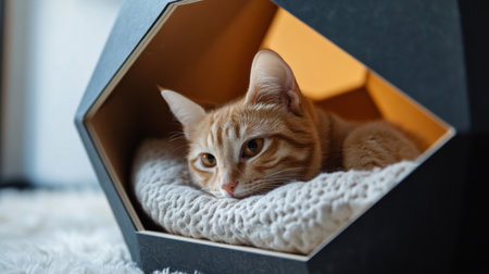 Detailed shot of a cat house with a unique geometric design, featuring a sleek entrance and soft bedding inside, captured up close.の素材