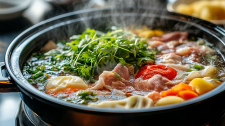 Detailed shot of a hot pot filled with vibrant vegetables, tender slices of meat, and aromatic herbs, captured with steam rising from the simmering broth.の素材