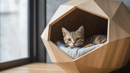 Detailed shot of a cat house with a unique geometric design, featuring a sleek entrance and soft bedding inside, captured up close.の素材