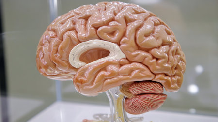 Detailed image of a human brain model with clear anatomical labeling, showcasing the various regions and their functions.の素材