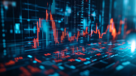 Detailed shot of a financial graph with fluctuating stock prices, highlighting various data points and trend lines in a professional setting.の素材