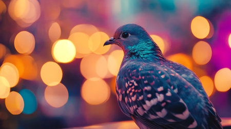 Detailed shot of a beautiful bird in profile, with a background of blurred, colorful lights that enhance the bird's natural beauty and vivid colors.の素材