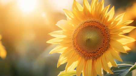 Detailed macro shot of a blooming sunflower, highlighting its bright yellow petals and rich texture against a soft background.の素材