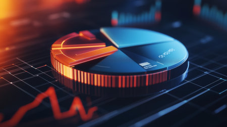 Detailed shot of a 3D pie chart with rotating segments, illustrating a dynamic data analysis with a focus on individual data points and their proportions.の素材