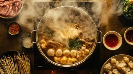 Detailed shot of a hot pot with various dipping sauces on the side, capturing the steam and sizzling ingredients as they cook in the pot.の素材