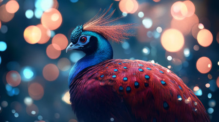 Detailed shot of a majestic bird with bright feathers, sitting gracefully against a backdrop of glowing, softly diffused lights, adding a dreamy quality to the scene.の素材