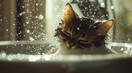 Detailed shot of a cat being bathed in a pet bathing tub, with water splashing around and the cat's fur glistening, emphasizing the bath time environment.の素材