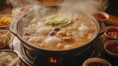 Detailed shot of a hot pot with various dipping sauces on the side, capturing the steam and sizzling ingredients as they cook in the pot.の素材
