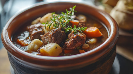 Detailed shot of a hearty beef stew with tender meat, vegetables, and a rich gravy, served in a rustic bowl, capturing the comforting and satisfying appearance.の素材