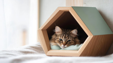 Detailed shot of a cat house with a unique geometric design, featuring a sleek entrance and soft bedding inside, captured up close.の素材