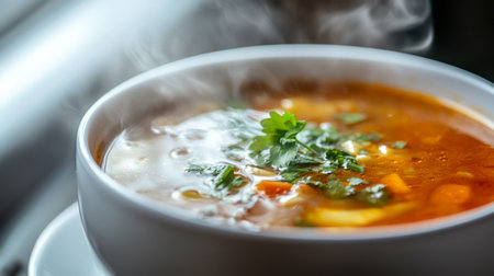 Detailed shot of a bowl of hot soup with a vibrant, rich color and steam rising, highlighting its delicious ingredients and inviting presentation on a white backdrop.の素材