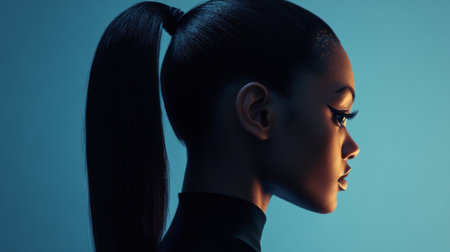 Detailed shot of a woman with a stylish, high ponytail, emphasizing the sleek, smooth texture and the contemporary, fashionable design.の素材