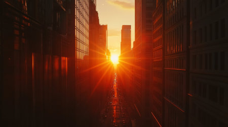 Detailed shot of a sunset viewed from between high-rise buildings, with the sun's warm light illuminating the gaps and creating a silhouette effect.の素材