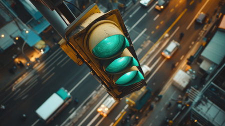 Detailed shot of a traffic signal with green light on, highlighting the clear visibility of the signal and the bustling road below.の素材