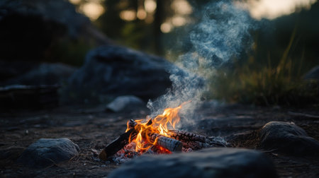 Detailed view of smoke emerging from a campfire, with the gentle wisps of smoke blending with the evening sky and surrounding nature.の素材