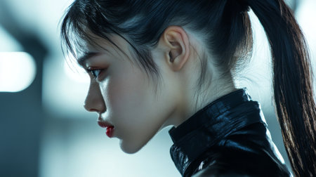 Detailed shot of a woman with a stylish, high ponytail, emphasizing the sleek, smooth texture and the contemporary, fashionable design.の素材