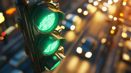 Detailed shot of a traffic signal with green light on, highlighting the clear visibility of the signal and the bustling road below.の素材