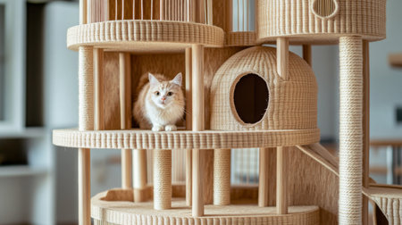 Detailed shot of a multi-level cat house with scratching posts and cozy nooks, captured up close to showcase its functionality and design.の素材