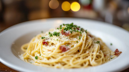 Detailed shot of a plate of spaghetti carbonara, with creamy sauce, crispy pancetta, and grated Parmesan, emphasizing the rich textures and appetizing presentation.の素材