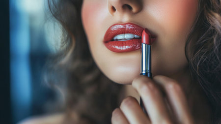 Detailed shot of a woman applying lipstick in a mirror, with her makeup perfectly done, emphasizing her attention to detail and beauty routine.の素材