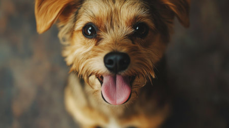 Detailed shot of a small dog with a cheerful demeanor, sitting with its tongue out and eyes sparkling, emphasizing its playful personality.の素材