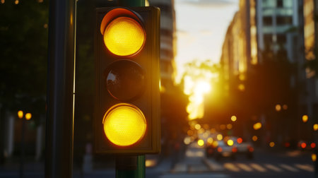 Detailed shot of a traffic light showing the yellow signal, emphasizing the light brightness and the surrounding urban environment.の素材