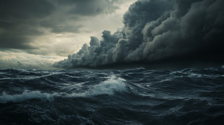 Detailed shot of storm clouds rolling in over a coastal area, with choppy waves and darkening skies, capturing the impending summer storm at sea.の素材