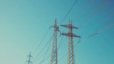 Detailed shot of high-voltage power lines and electrical cables stretching across a clear blue sky, emphasizing the scale and infrastructure of the power grid.の素材