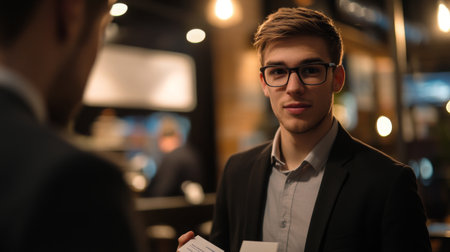 Detailed shot of a young businessman at a networking event, engaging in conversation and exchanging business cards, reflecting a dynamic professional interaction.の素材