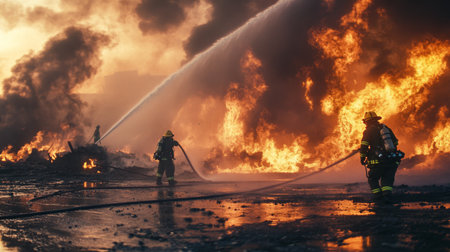 Detailed shot of firefighters battling a large fire, with hoses spraying water onto the flames and smoke filling the scene.の素材