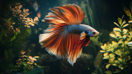 Detailed view of a majestic Betta fish with a full display of its colorful fins and dynamic posture, set against a lush underwater plant backdrop.の素材