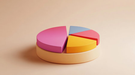 Detailed view of a 3D pie chart with segment labels and percentage values, set against a neutral backdrop to highlight the chart's design and data accuracy.の素材