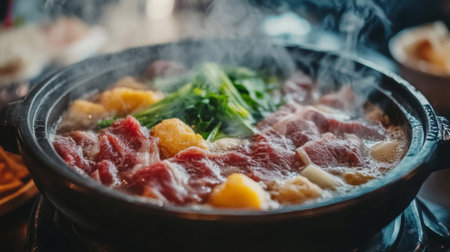 Detailed view of a hot pot with a variety of ingredients, such as thinly sliced meat and fresh vegetables, steaming and cooking in the rich, aromatic broth.の素材