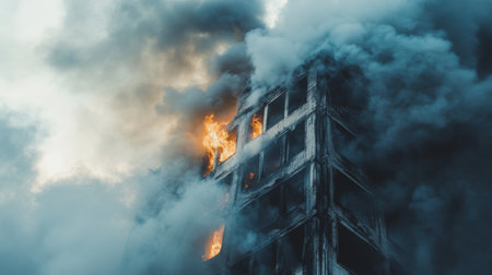 Detailed shot of smoke rising from a burning building, with a focus on the thick, gray smoke and the flames partially obscured in the background.の素材
