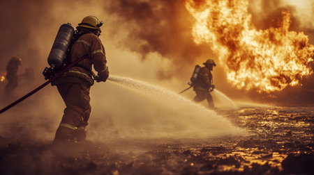 Detailed shot of firefighters battling a large fire, with hoses spraying water onto the flames and smoke filling the scene.の素材