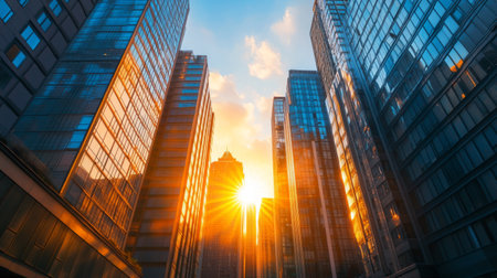 Detailed shot of the sun setting behind a cluster of high-rise buildings, with the sun rays spilling between the structures and creating a beautiful cityscape.の素材