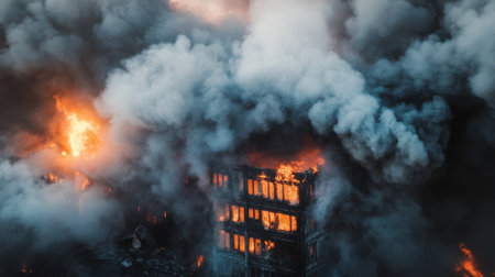 Detailed shot of smoke rising from a burning building, with a focus on the thick, gray smoke and the flames partially obscured in the background.の素材