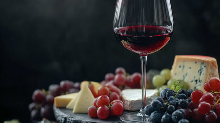 Detailed view of a wine glass filled with a vibrant red wine, surrounded by a selection of gourmet cheeses and fruits on a stylish platter.の素材