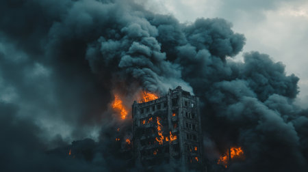 Detailed shot of smoke rising from a burning building, with a focus on the thick, gray smoke and the flames partially obscured in the background.の素材