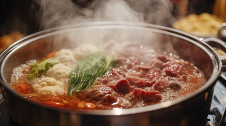 Detailed view of a steaming hot pot with a close focus on the broth and ingredients, showcasing the texture and freshness of vegetables and meat as they cook.の素材